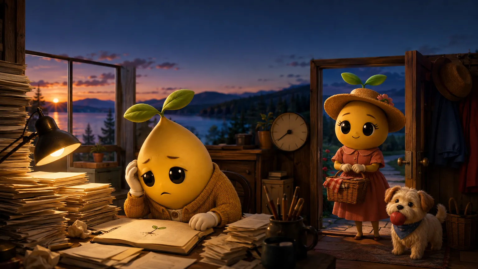 A cartoon mustard seed sits at a desk piled with papers at dusk, looking at a notebook with a sprout drawn in it.