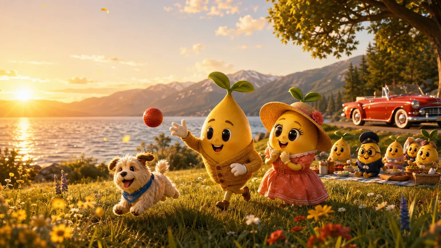 Two cartoon mustard seed characters and their dog play in a sunlit meadow by a mountain lake.
